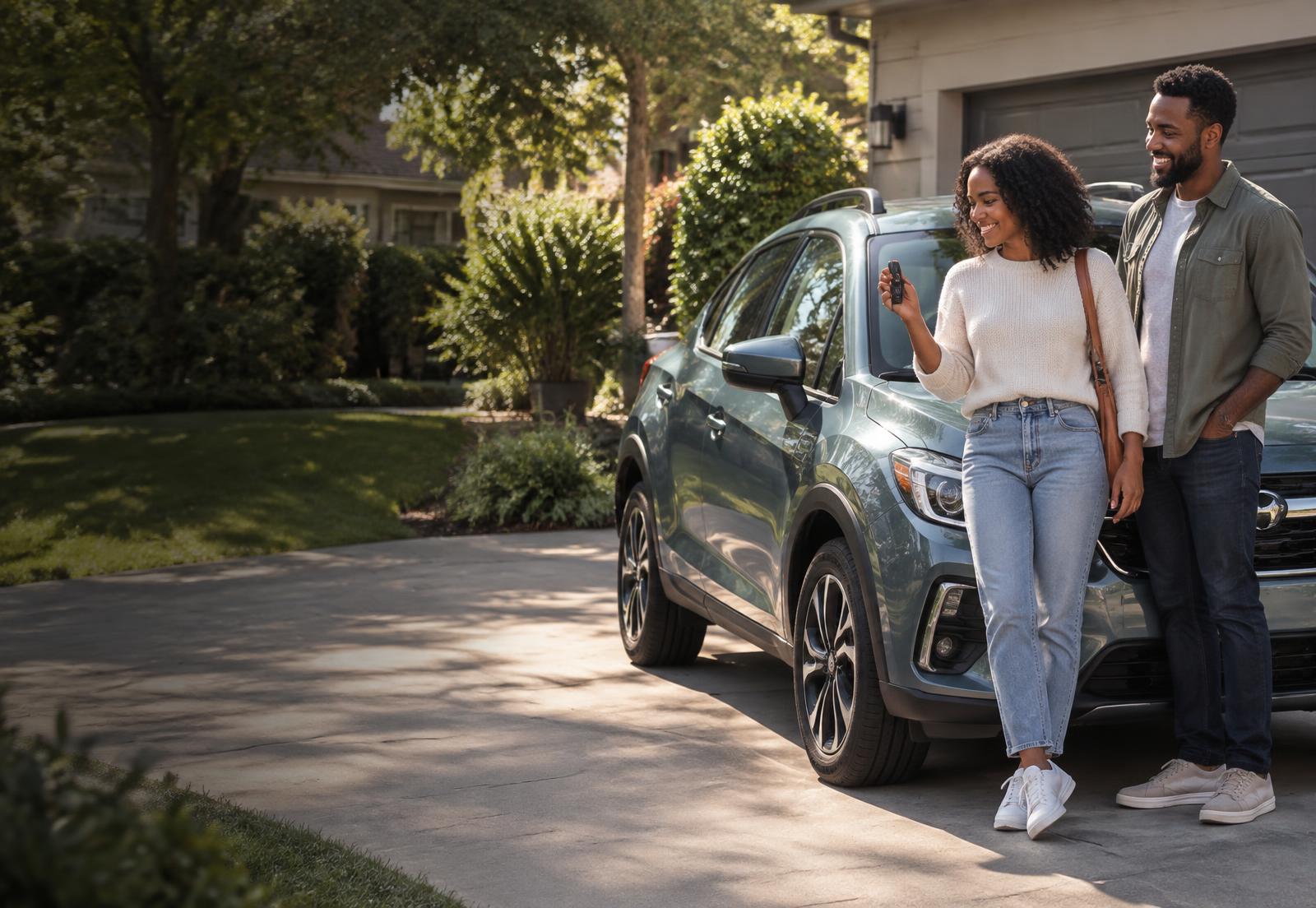 A woman celebrating beside a compact crossover with a loved one