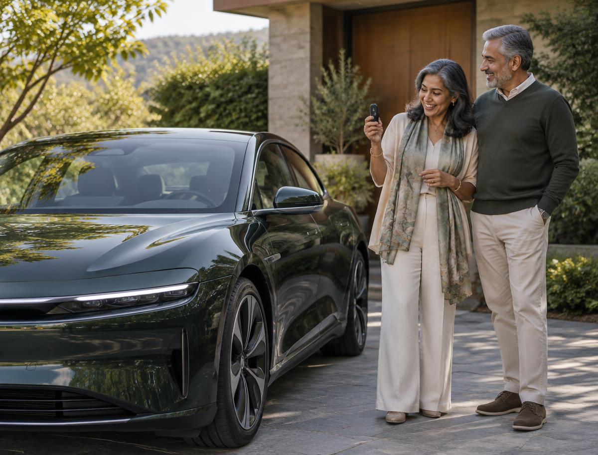 A couple celebrating a milestone beside an electric sedan