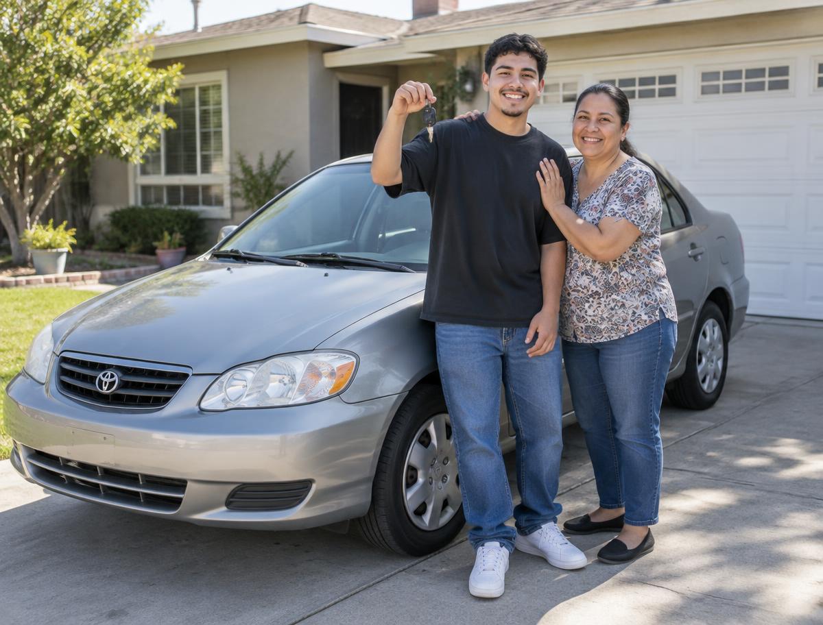 A young man and his mother celebrating beside an everyday sedan